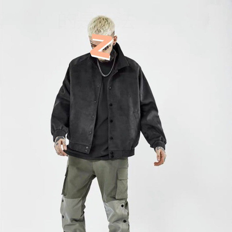 Men's Suede-Trim Button-Down Baseball Jacket