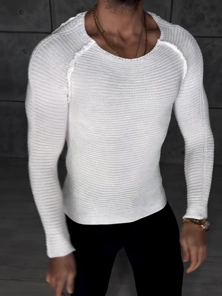 Men's White Knit Slim-Fit Long-Sleeve Top