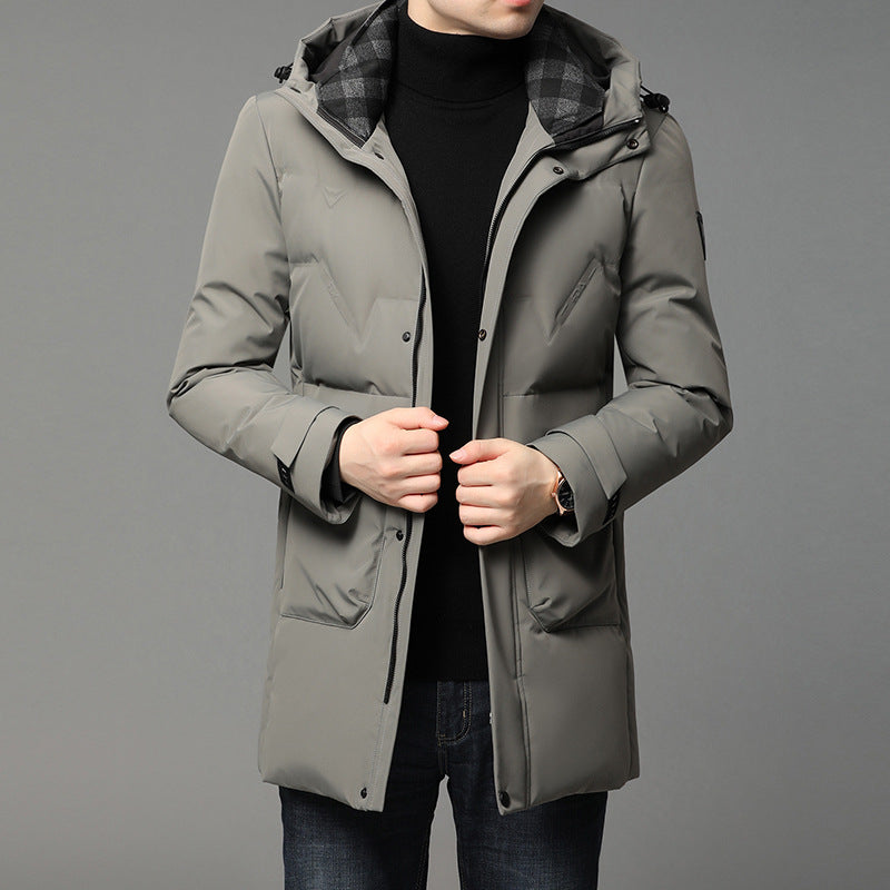 Mid-Length Hooded White-Duck-Down Jacket