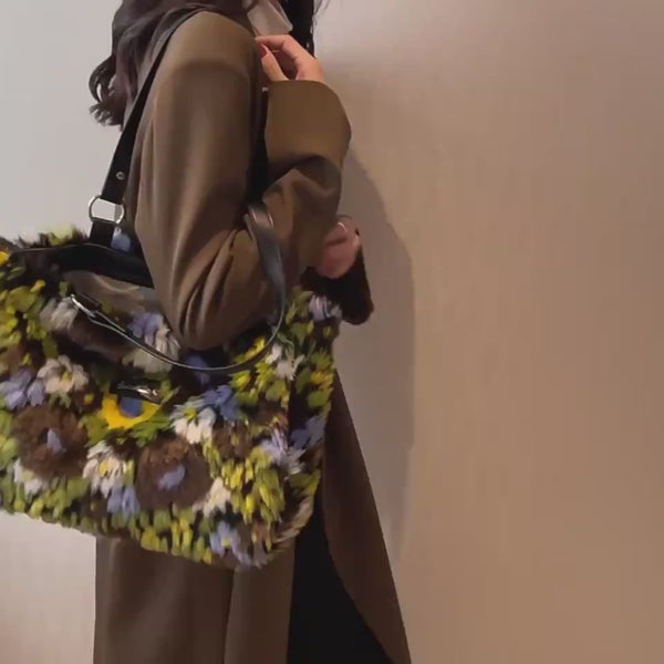 Bolsos de felpa de invierno para mujer, bolso de hombro con flores