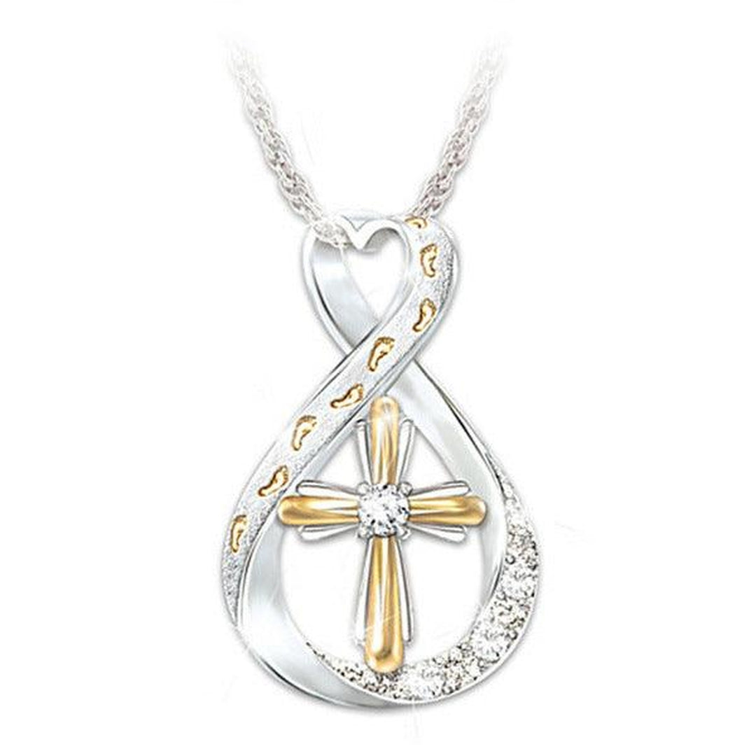 Two-tone cross and footprint infinity pendant
