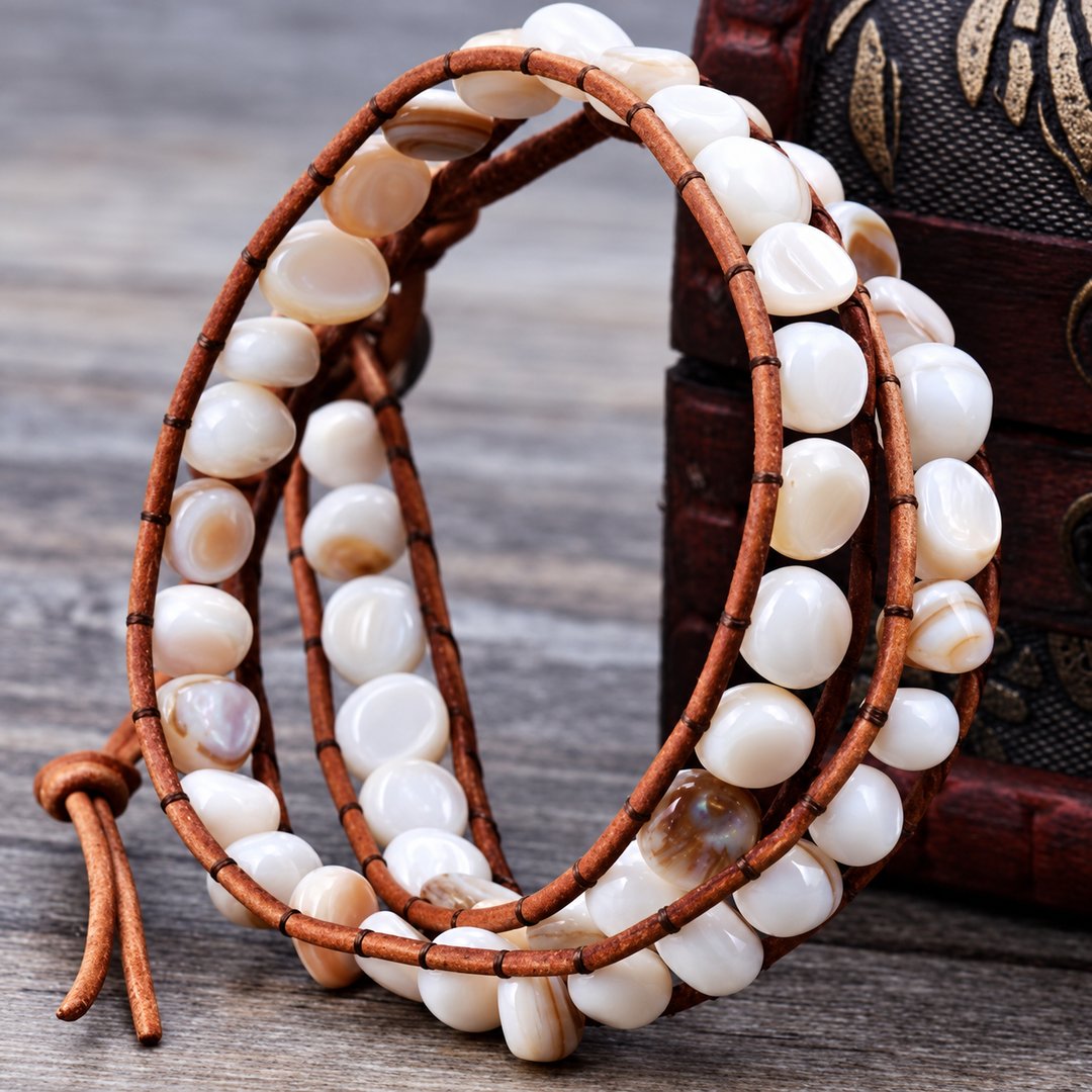 White shell bead wrap bracelet with brown leather cords