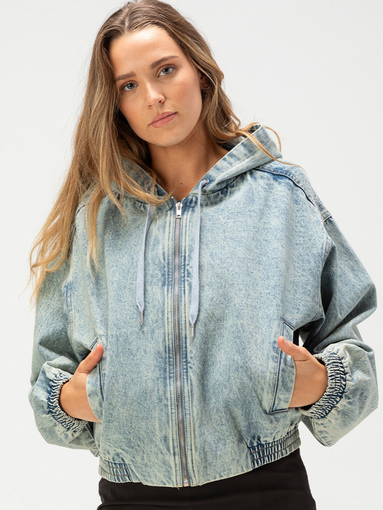 Women's Acid-Wash Hooded Denim Bomber Jacket