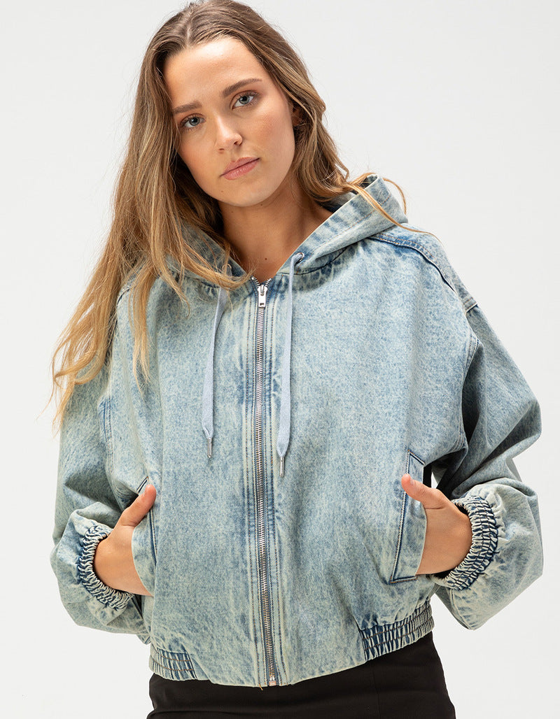 Women's Acid-Wash Hooded Denim Bomber Jacket - product image 3