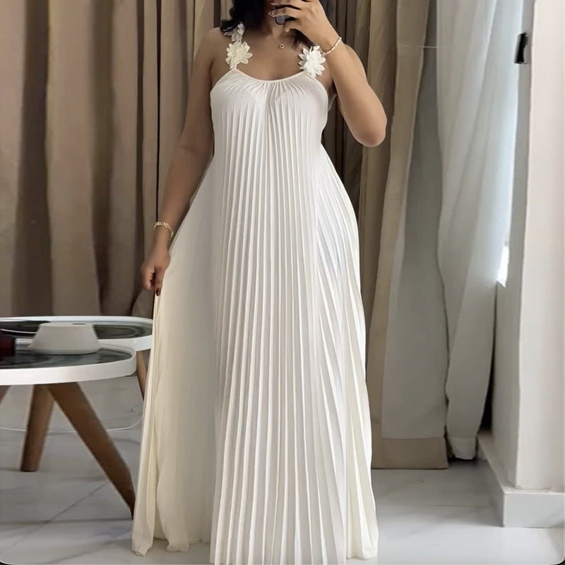 Women's Apricot Pleated Suspender Maxi Dress