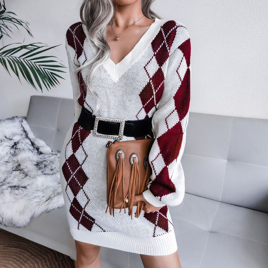 Women's Argyle V-Neck Sweater Dress