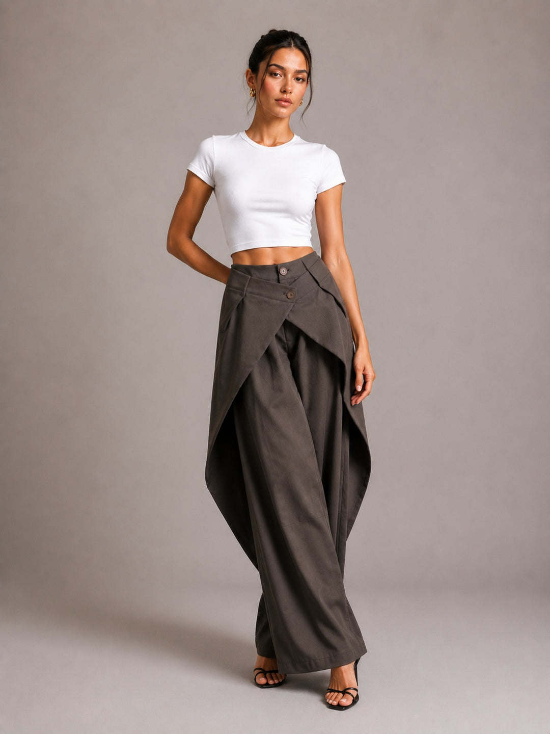 Women's Asymmetric Fold-Waist Wide-Leg Tailored Trousers