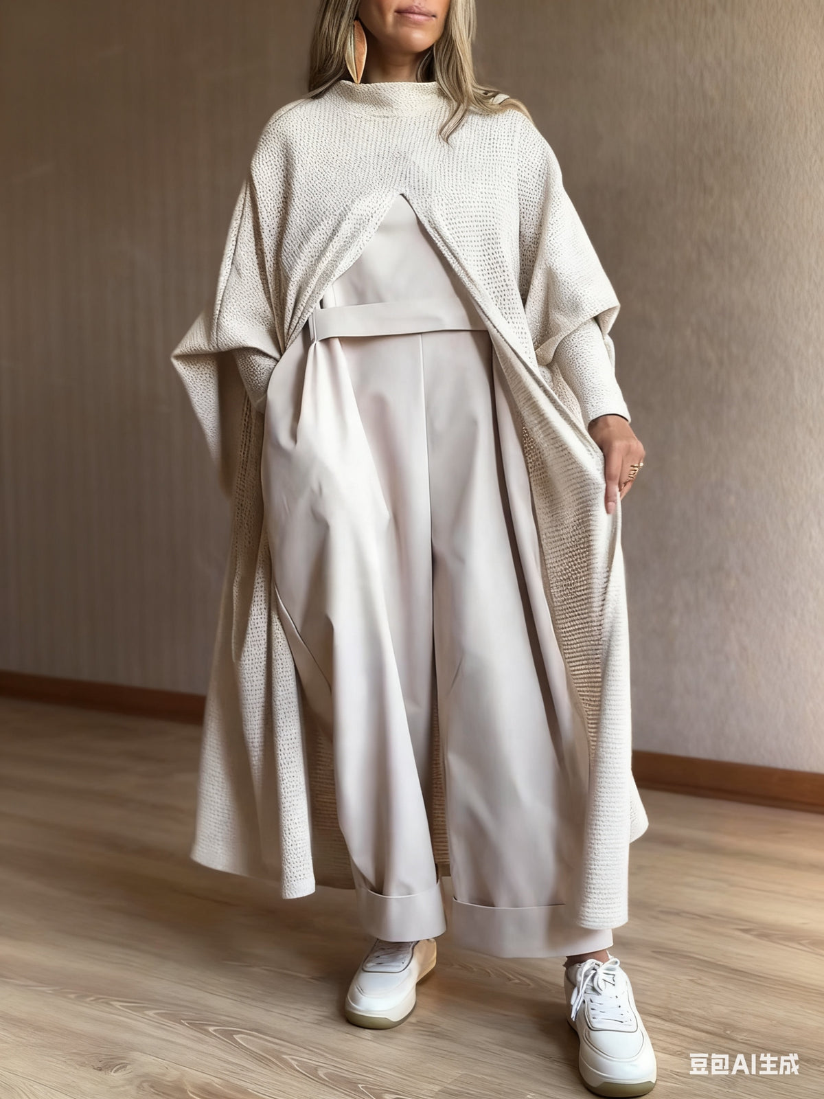 Women's Beige Knit Hooded Longline Duster