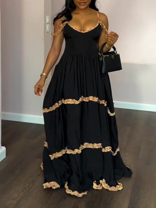 Women's Black Lace Halter Maxi Dress