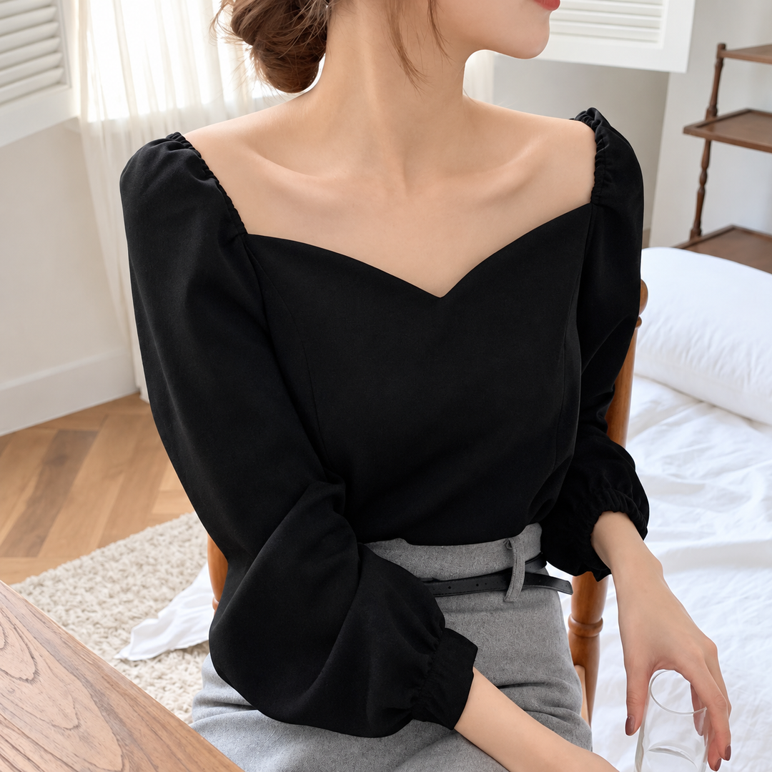 Black women's sweetheart-neck lantern-sleeve shirt