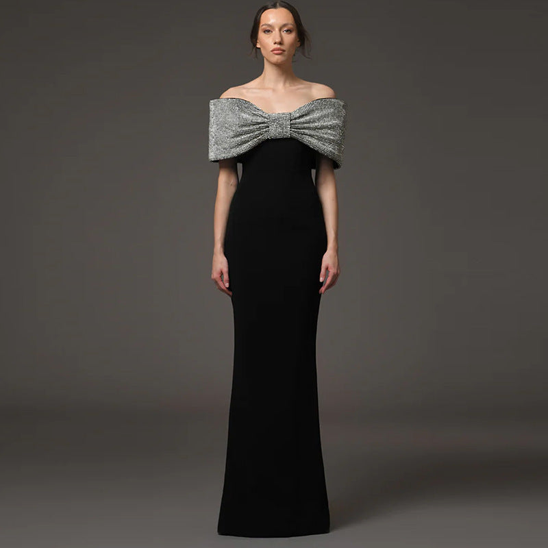Women's Black Off-Shoulder Silver-Glitter Bow Mermaid Evening Gown