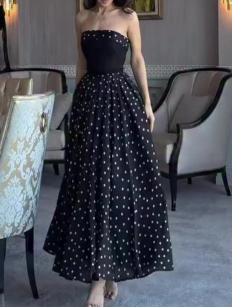 Women's Black Strapless Polka Dot Full Skirt Maxi Dress