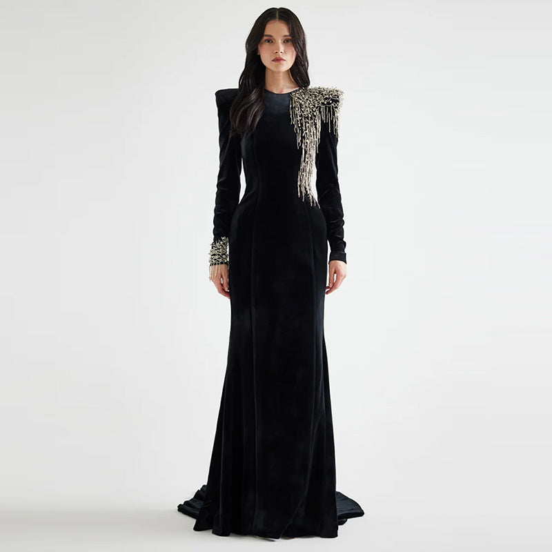 Women's Black Velvet Beaded Fringe-Shoulder Mermaid Gown