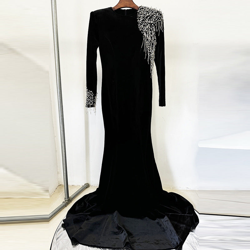 Women's Black Velvet Beaded Fringe-Shoulder Mermaid Gown - product image 3
