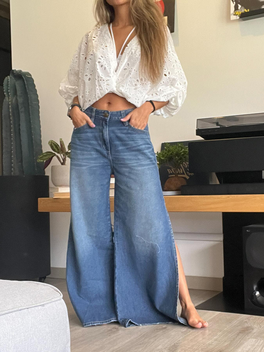 Women's Blue High-Waist Side-Slit Wide-Leg Jeans