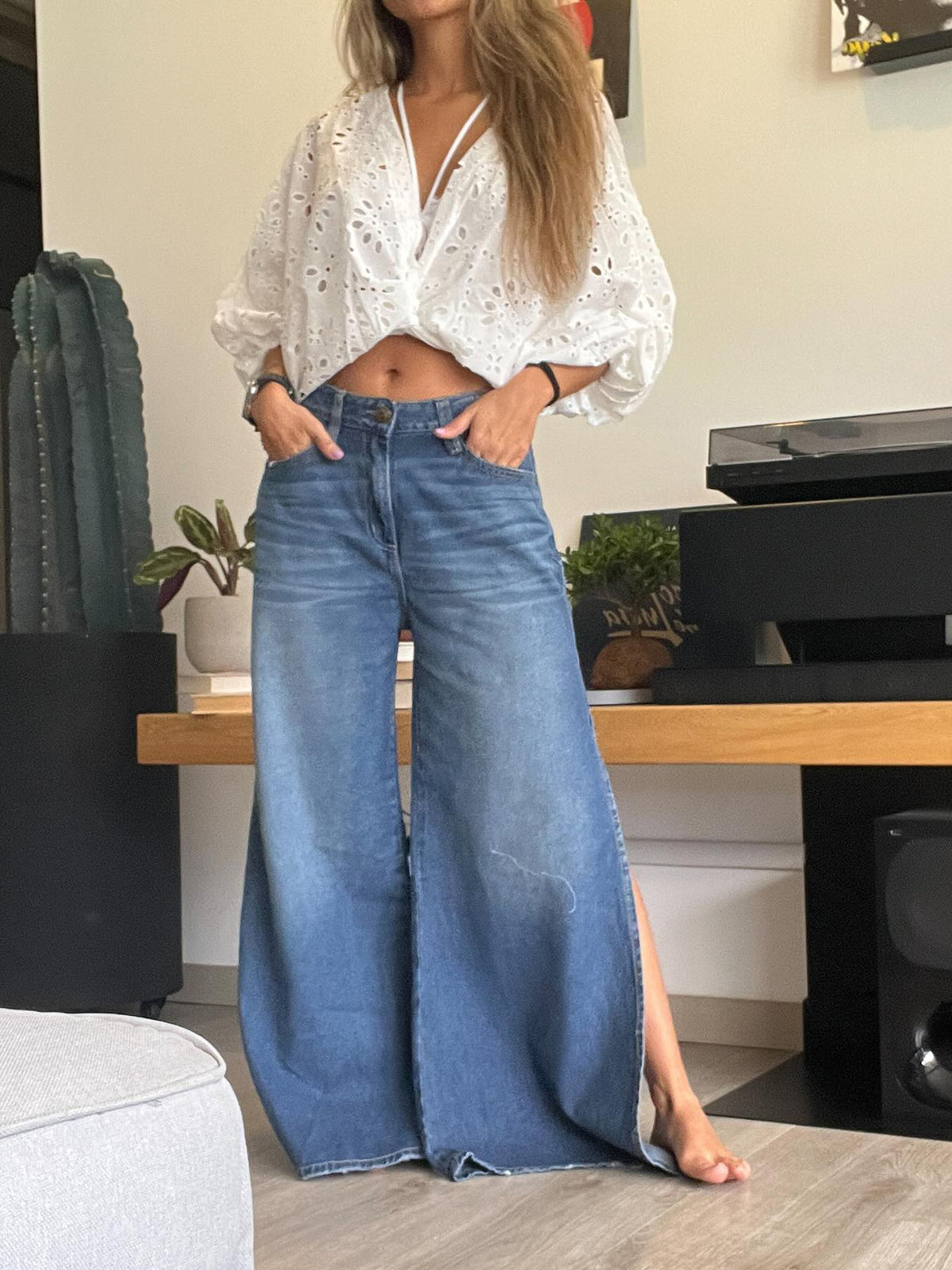 Women's Blue High-Waist Side-Slit Wide-Leg Jeans