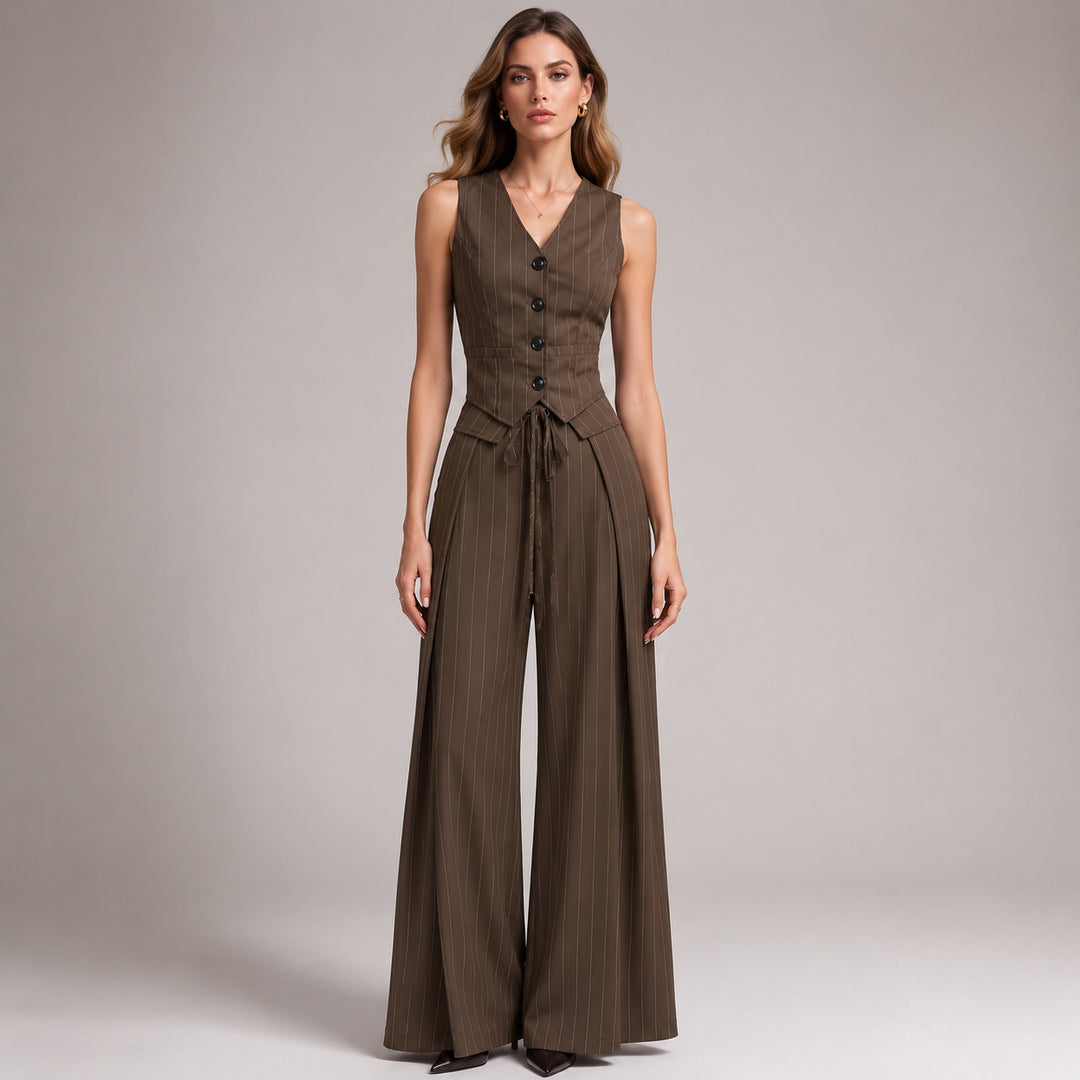 Women's Brown Pinstripe Cinched-Waist Vest & Wide-Leg Trousers Set
