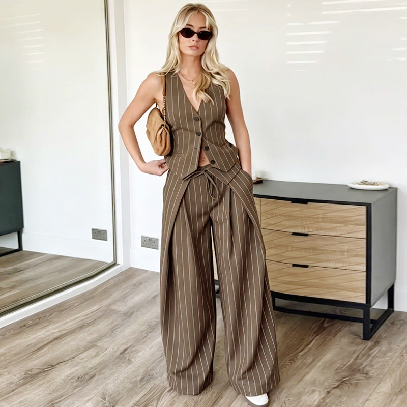 Women's Brown Pinstripe Cinched-Waist Vest & Wide-Leg Trousers Set - product image 6