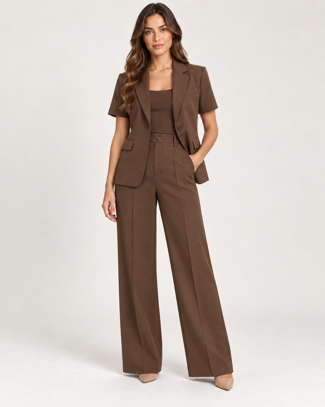 Women's Brown Short-Sleeve Blazer & High-Waist Trousers Set