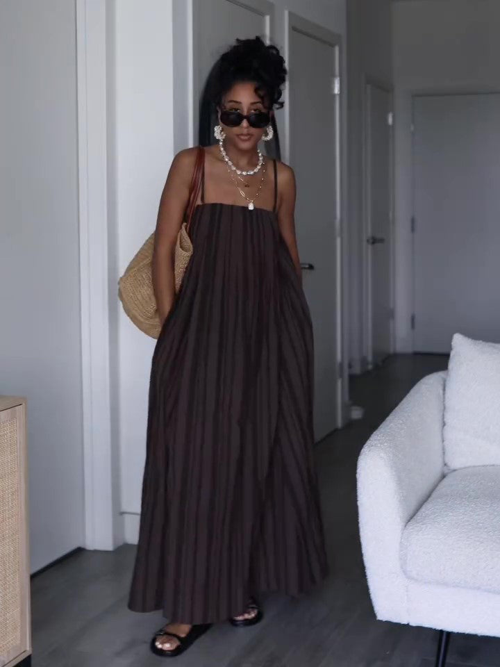 Women's Brown Striped Suspender Pocket Loose Dress