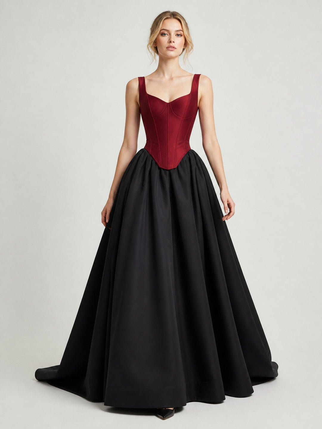 Women's Burgundy Corset Black Satin Ball-Gown Evening Dress