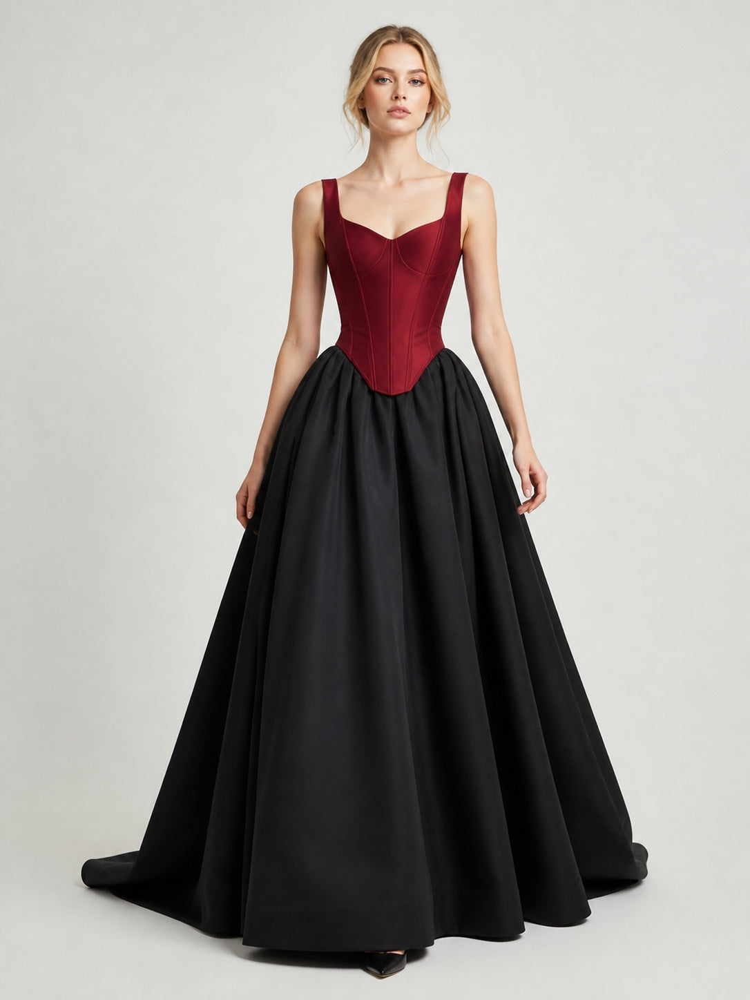 Women's Burgundy Corset Black Satin Ball-Gown Evening Dress
