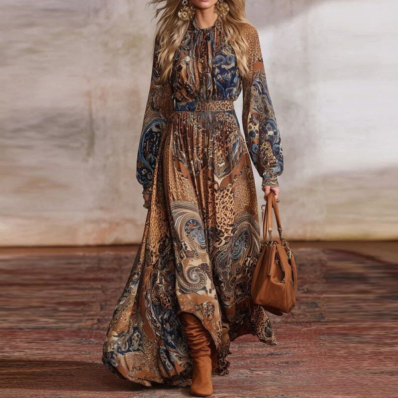 Women's Camel Bohemian Floral Balloon-Sleeve Maxi Dress