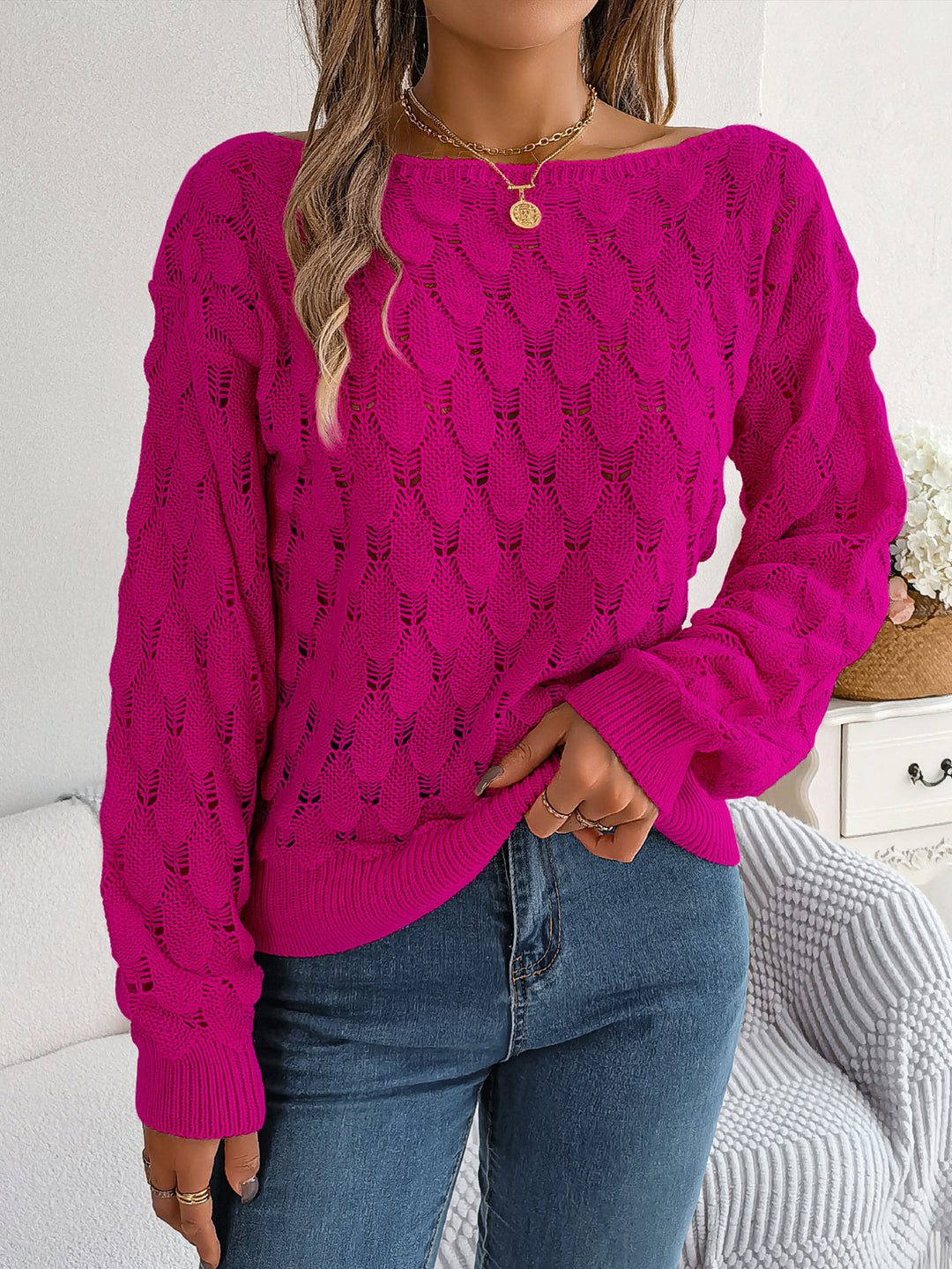 Women's Casual Feather Hollow Out Off-Shoulder Lantern-Sleeve Sweater