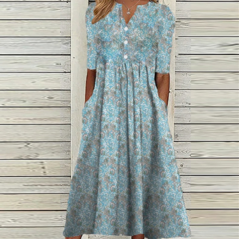 Women's Casual Flower Print Pocket Pleated V-Neck Button Dress