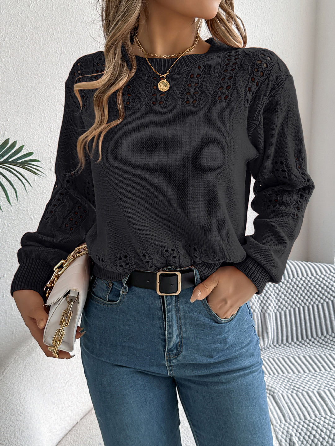 Women's Casual Solid-Color Hollow Out Lantern-Sleeve Pullover Sweater 1