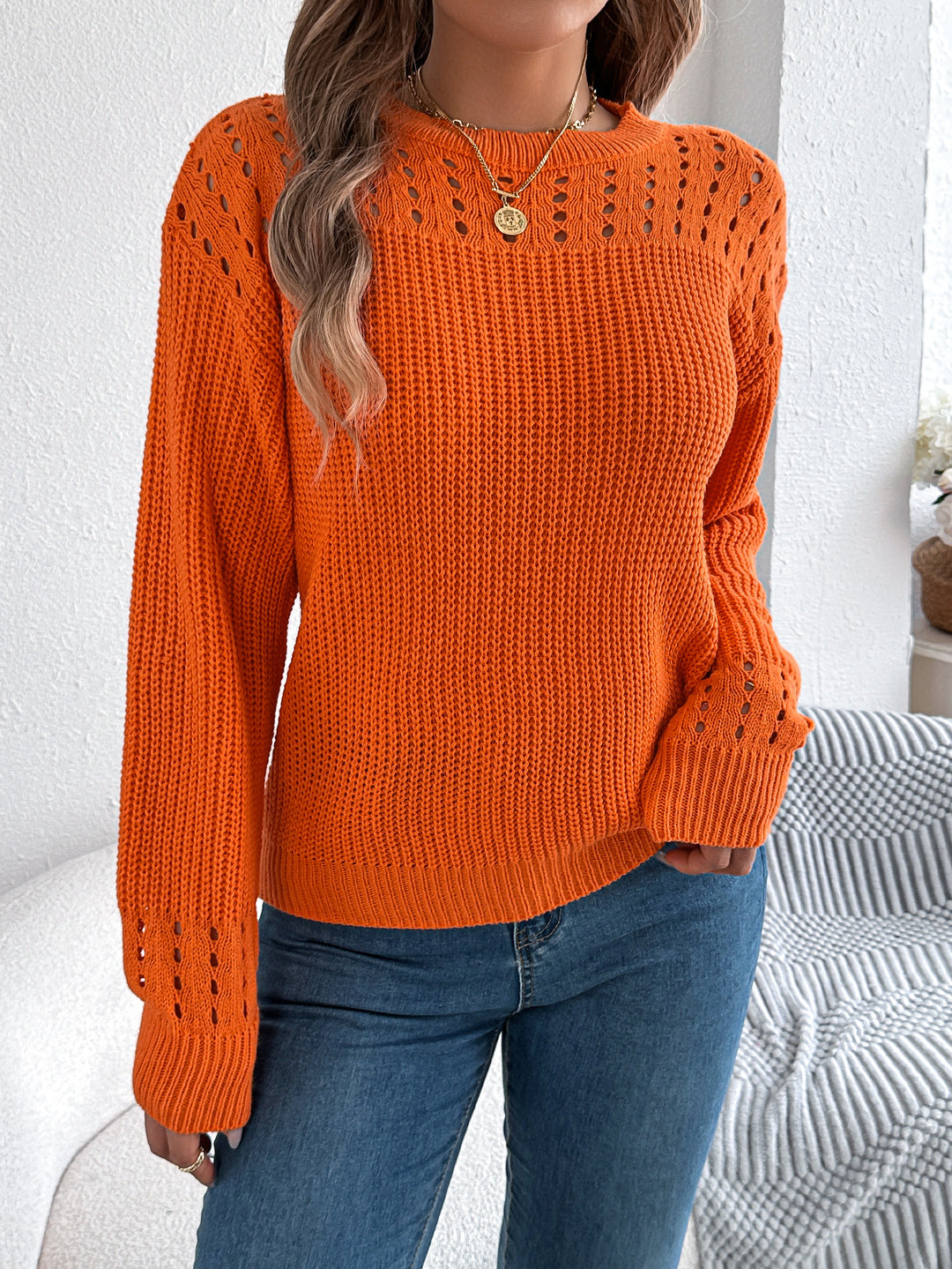 Women's Casual Solid-Color Hollow Out Lantern-Sleeve Pullover Sweater 2