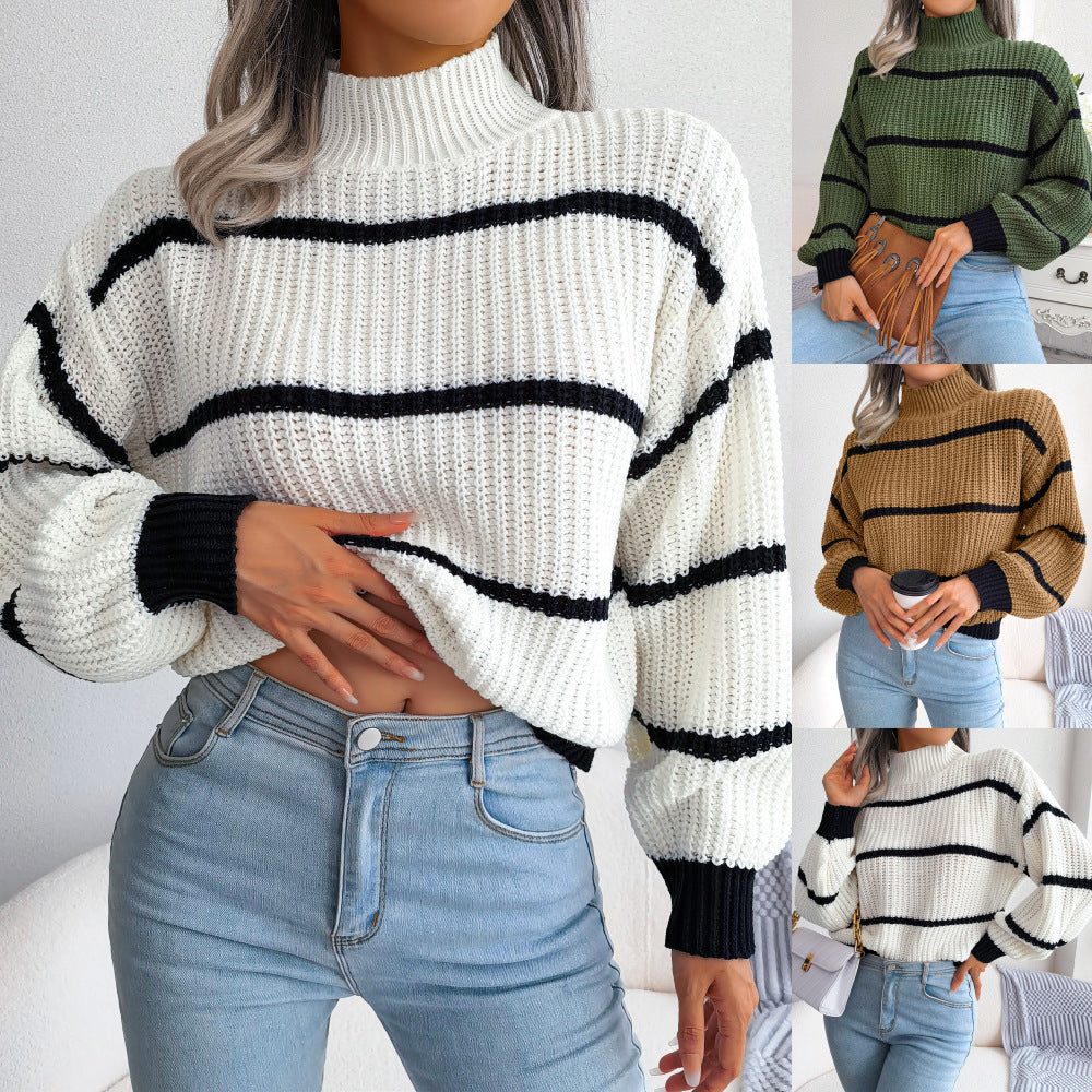 Women's Casual Striped Lantern-Sleeve Mock-Neck Knit Sweater