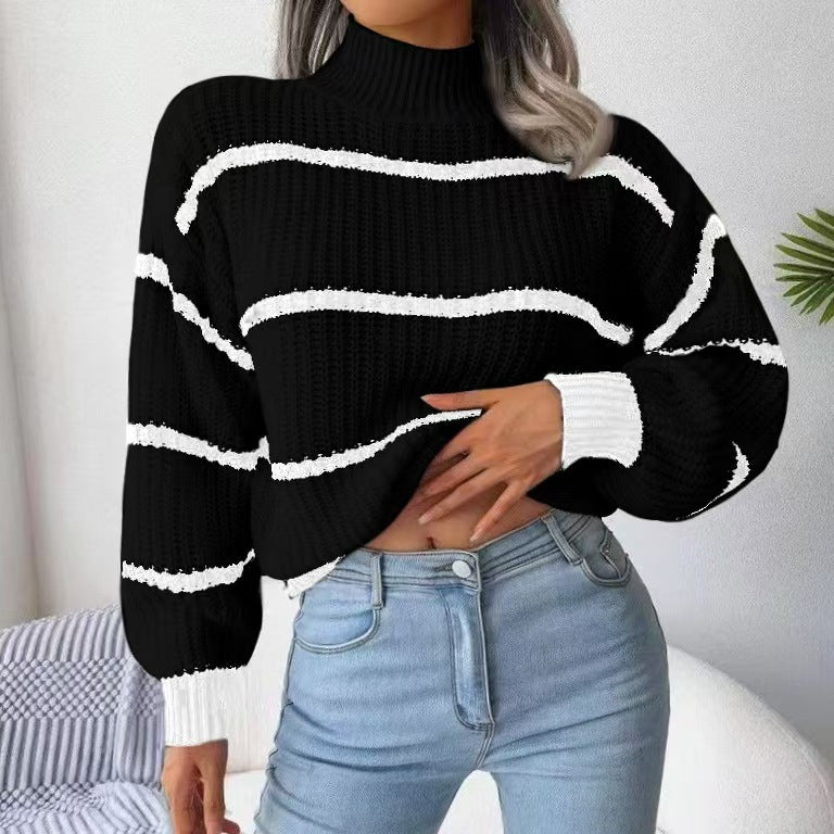 Women's Casual Striped Lantern-Sleeve Mock-Neck Knit Sweater - product image 6