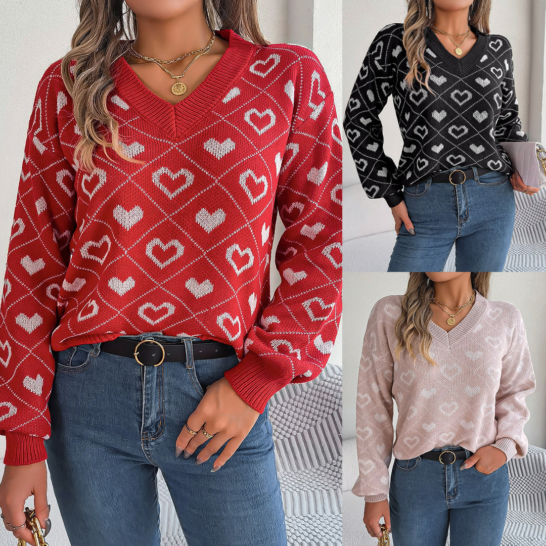 Women's Christmas Love Lantern-Sleeve Pullover Sweater