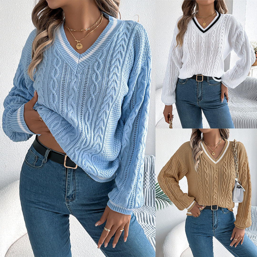 Women's Color-Block V-Neck Twist Lantern Long-Sleeve Sweater