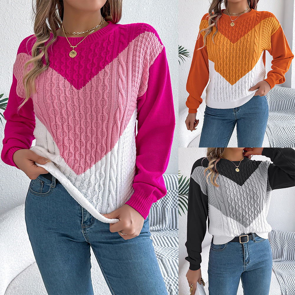 Women's Color Matching Twist Lantern-Sleeve Pullover Sweaters