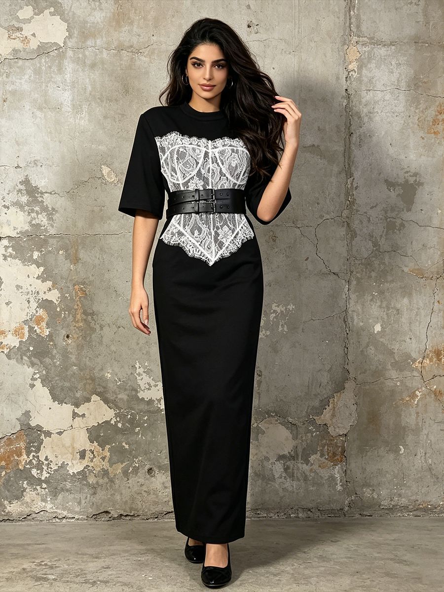 Women's Contrast-Lace Corset Midi Bodycon Dress with Belt