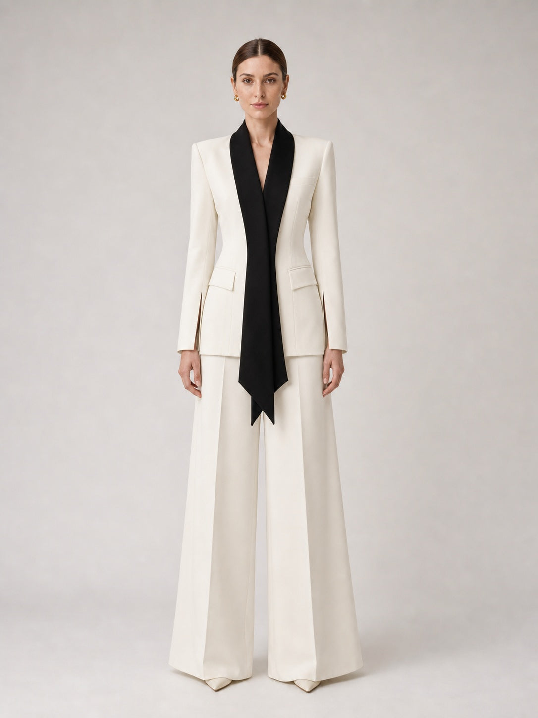 Women's Cream Scarf-Lapel Blazer & Wide-Leg Pants Suit