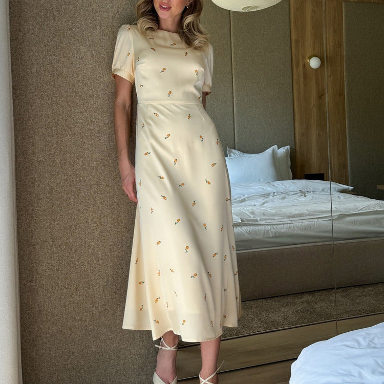 Women's Cream Yellow Floral Print Satin Midi Dress