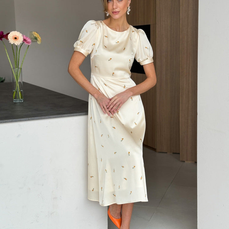 Women's Cream Yellow Floral Print Satin Midi Dress - product image 7