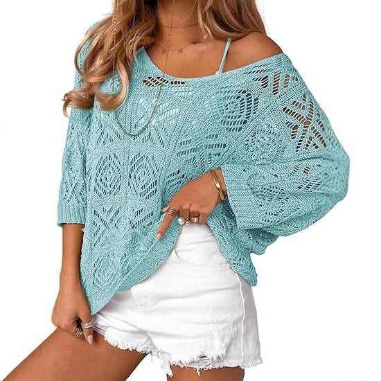 Women's Crochet Hollowed-Out Three-Quarter-Sleeve Pullover Sweater