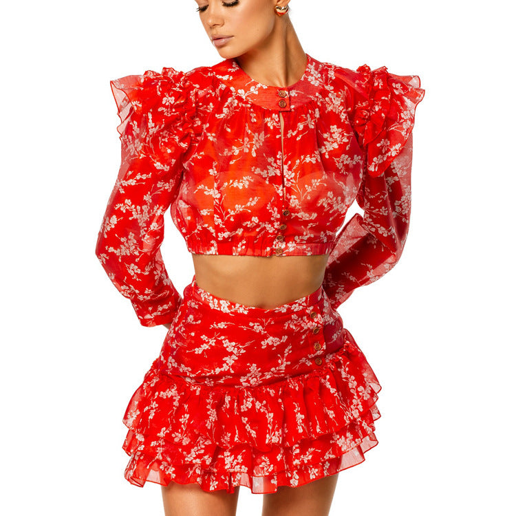Women's Cropped Long-Sleeve Top & Printed Skirt Set