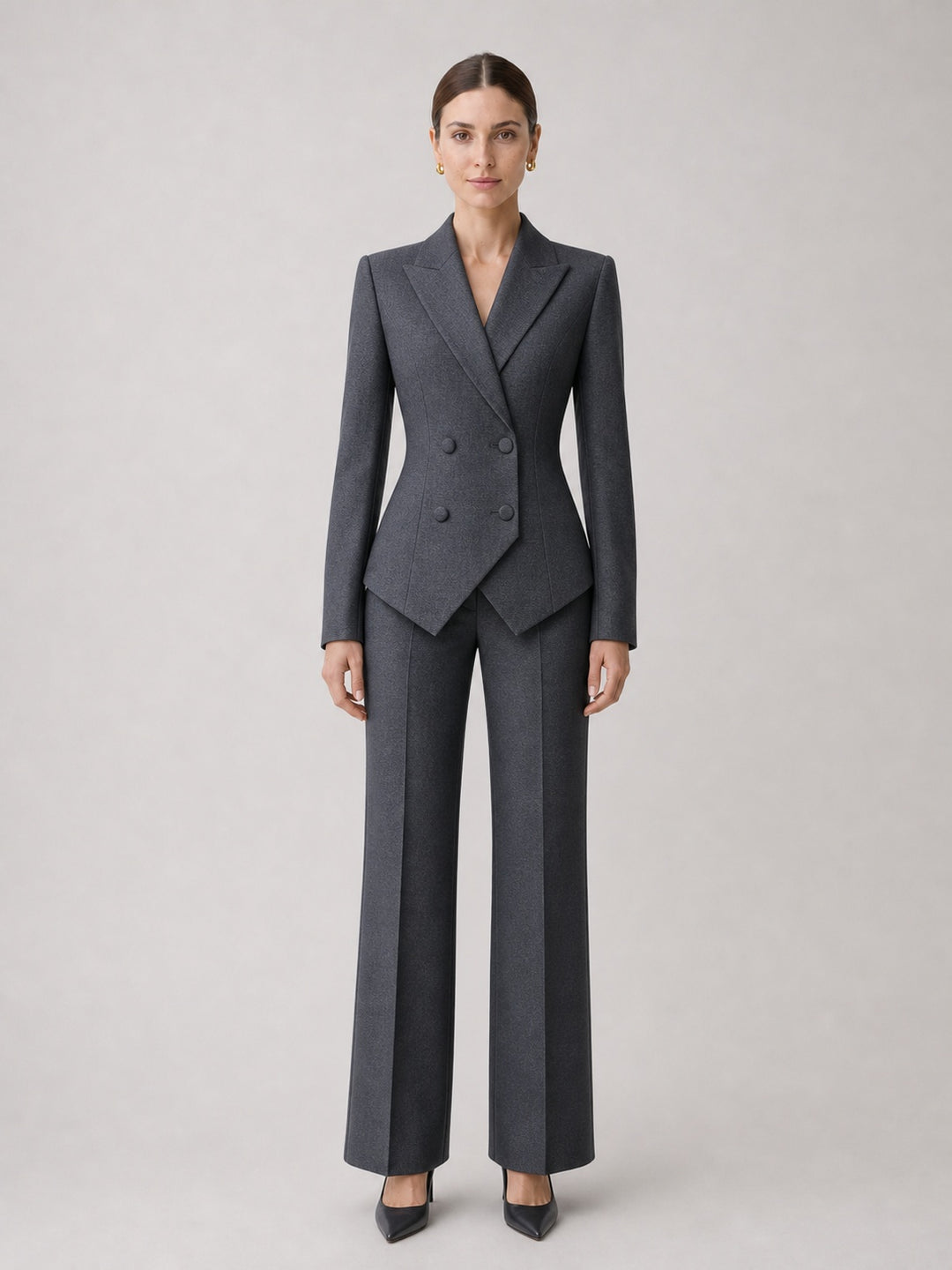 Women's Dark Grey Tailored Double-Breasted Suit Two-Piece Set