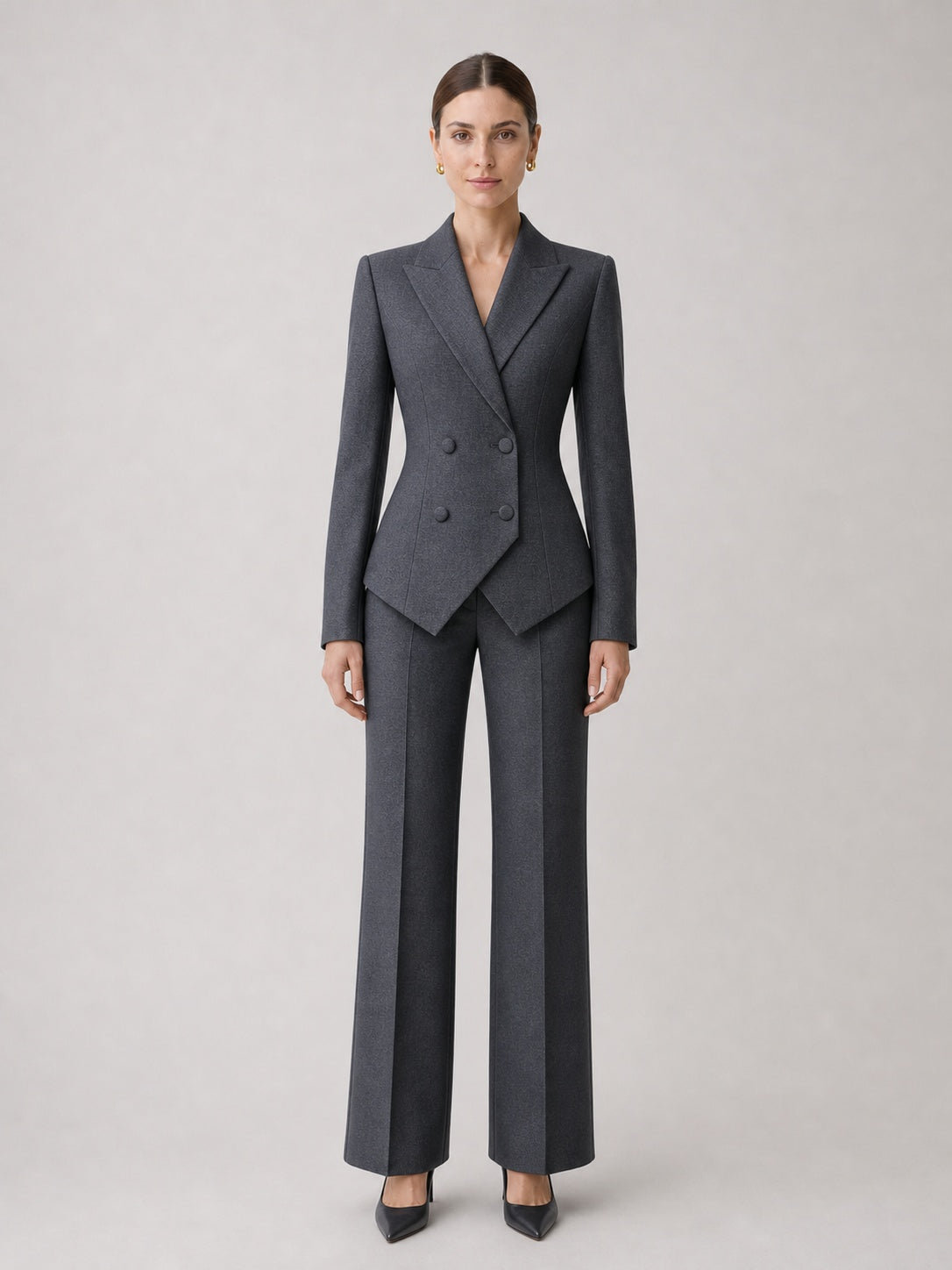 Women's Dark Grey Tailored Double-Breasted Suit Two-Piece Set