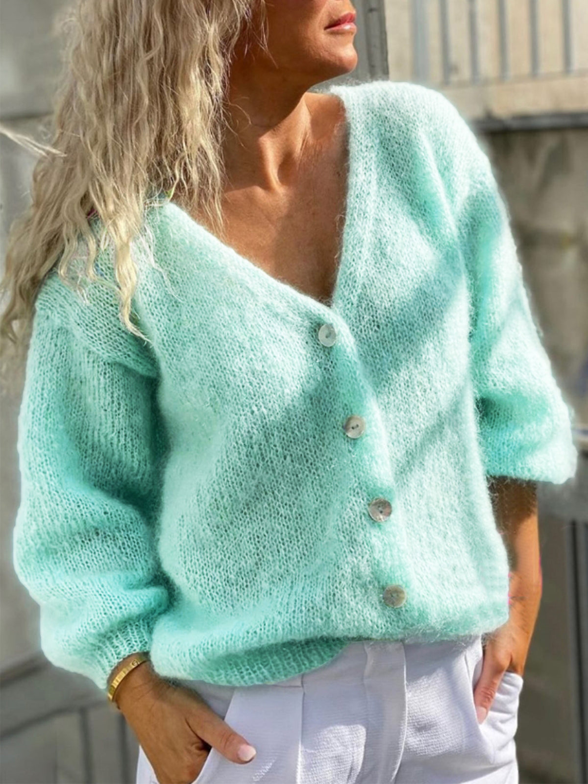 Women's Deep V-Neck Solid-Color Buttons Cardigan Knit Cardigan - product image 4