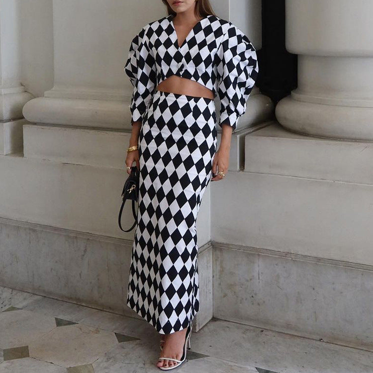Women's Diamond-Check Puff-Sleeve Top & Mermaid Maxi Skirt Set