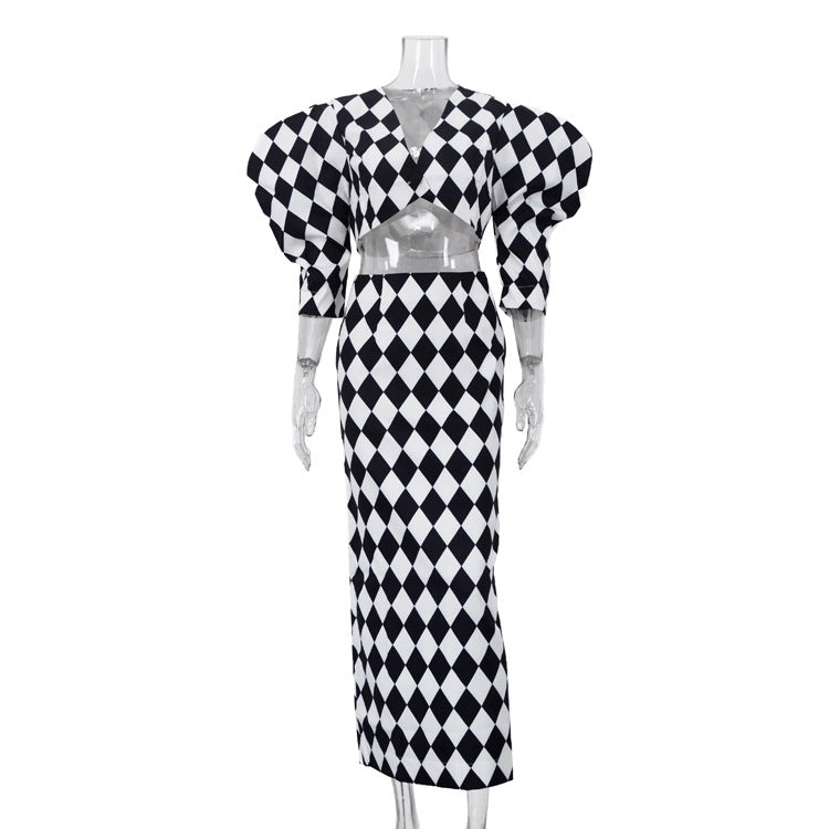 Women's Diamond-Check Puff-Sleeve Top & Mermaid Maxi Skirt Set - product image 10