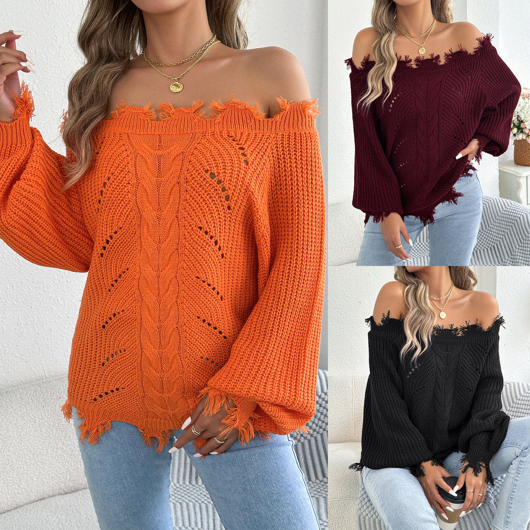 Women's Distressed Single-Shoulder Lantern-Sleeve Hollow-Out Knit Sweater
