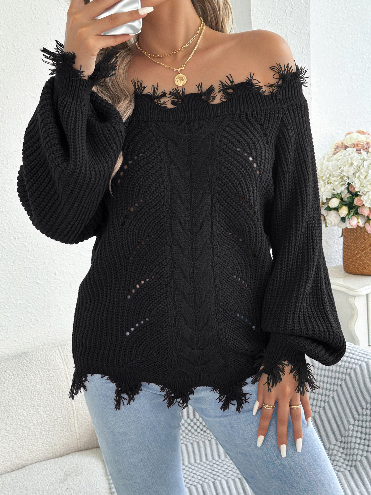 Women's Distressed Single-Shoulder Lantern-Sleeve Hollow-Out Knit Sweater - product image 6
