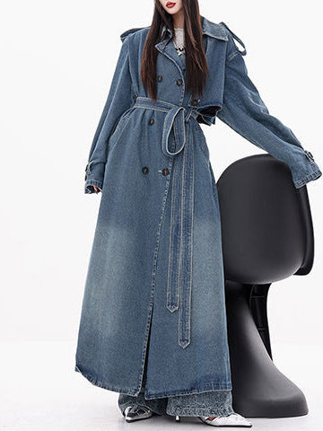 Women's Double Breasted Belted Long Denim Trench Coat